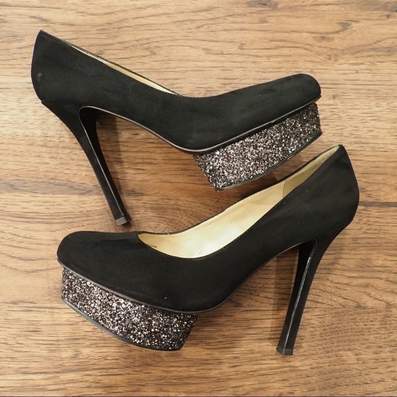 Pelle Moda 7.5 black suede glitter platform heels - Picture 14 of 16